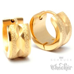 Edelstahl Herren Ohrringe Klapp-Creolen gold diamantiert funkelnd glizernd 13mm Ø