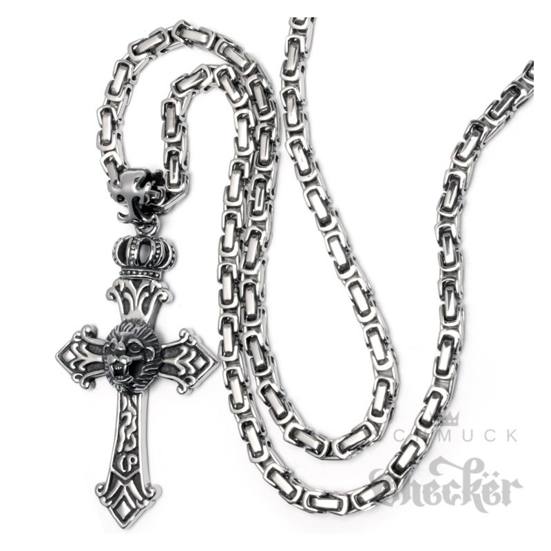 Edelstahl Kreuz Halskette Löwe silber Krone Anhänger Bikerschmuck Königskette 