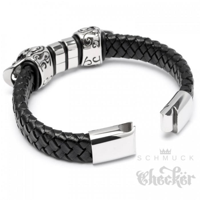 1 Herren Antik Silber Schwarz PU Leder Schädel Armband 23cm 