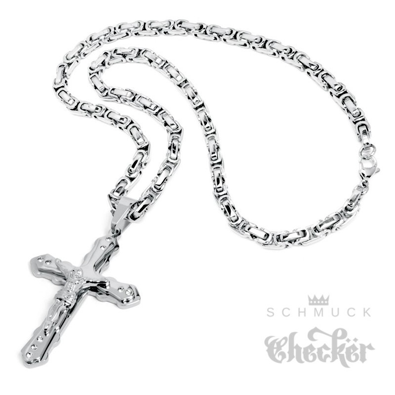 Großer Kreuz Anhänger aus Edelstahl mit Jesus silber XL Herren Halskette  Königskette