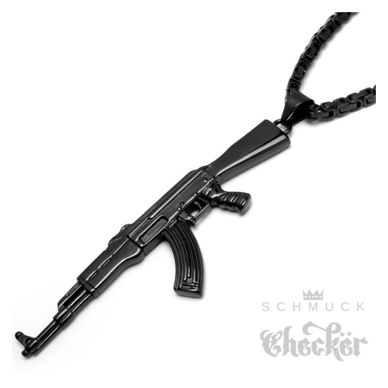 Schwarzer AK-47 Anhänger aus Edelstahl mit 60cm Königskette XL