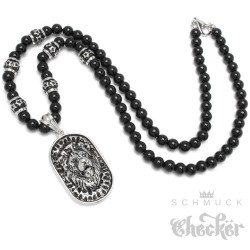 Onyx Perlen Halskette mit Löwe Anhänger aus Edelstahl schwarz Bead Mensbead Achat Kette