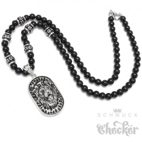 Onyx Perlen Halskette mit Löwe Anhänger aus Edelstahl schwarz Bead Mensbead Achat