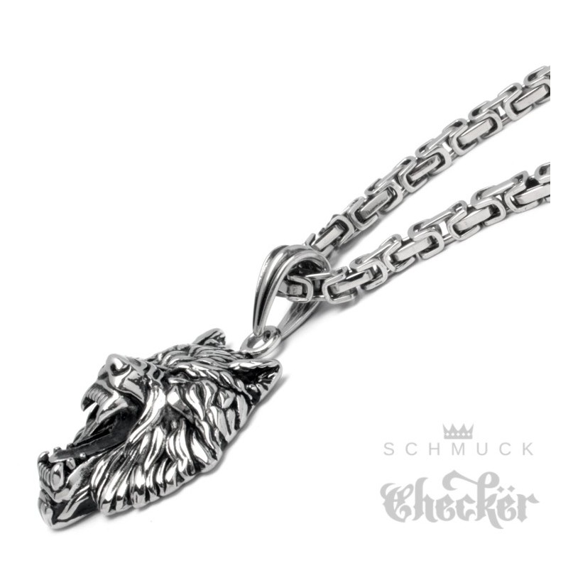 Edelstahl Halskette Wolf Königskette groß aus Bikerschmuck silber Männer Anhänger mit