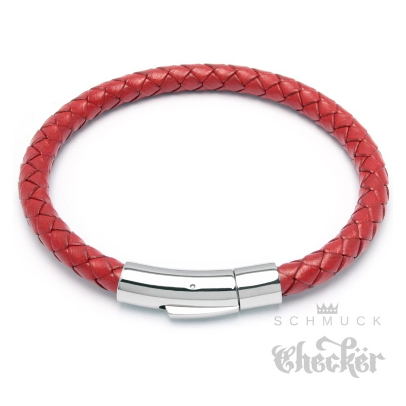 Rotes Armband aus echtem Edelstahl 6mmØ mit geflochten Verschluss Leder