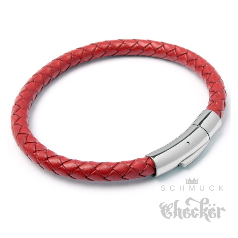 Rotes Armband aus echtem Leder mit Edelstahl Verschluss geflochten 6mmØ