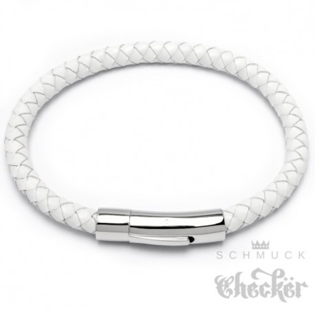 Weißes Armband aus echtem Leder mit Edelstahl Verschluss geflochten 6mmØ
