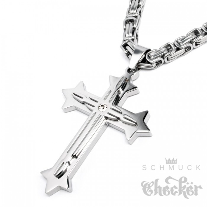 Herren Edelstahl Halskette Silber Königskette mit Kreuz Anhänger Schmuck 60cm