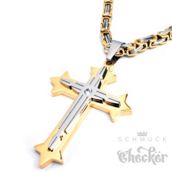 Herren Edelstahl Halskette Kreuz Anhänger silber mit Zirkon + 60cm Königskette