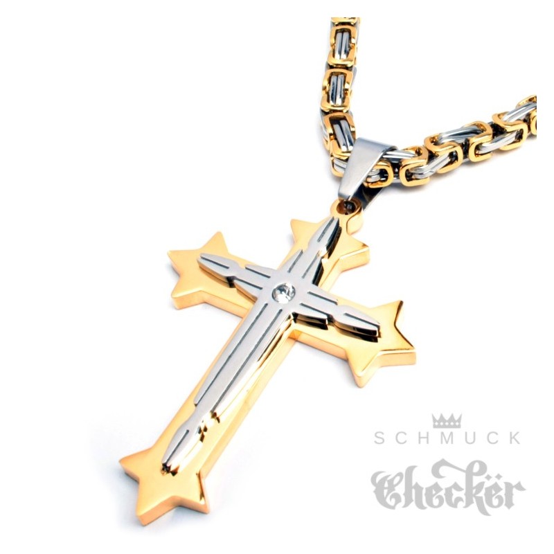 Herren Edelstahl Halskette Kreuz Anhänger silber & gold Zirkon + 60cm  Königskette