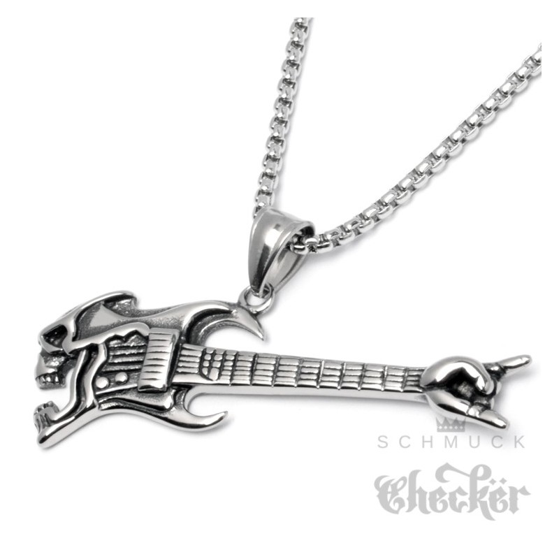 Rock Gitarre mit Totenkopf als Edelstahl Anhänger Rockerschmuck mit Skull Halskette