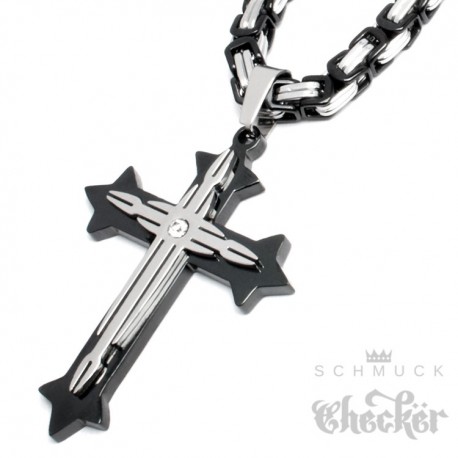 Herren Edelstahl Halskette Silber Königskette mit Kreuz Anhänger Schmuck 60cm