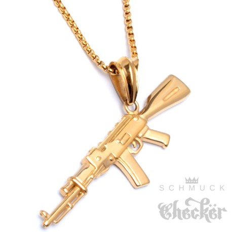 Goldene Kalaschnikow AK-47 Anhänger aus Edelstahl mit Halskette Maschinengewehr Schmuck