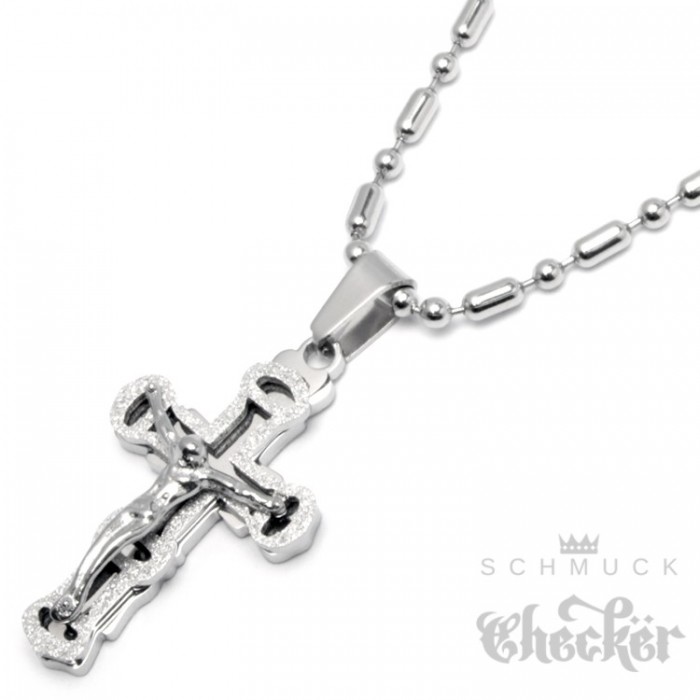 silberfa Kette 60 cm Silber Edelstahl Jesus Halskette Kreuz Anhänger Schmuck