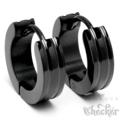 Schmale schwarze Ohrringe aus Edelstahl Klapp-Creolen mit Streifen poliert 13mm Ø