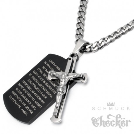 Schwarzes DogTag mit Gebet und silbernem Kreuz Jesus Panuzerkette Halskette