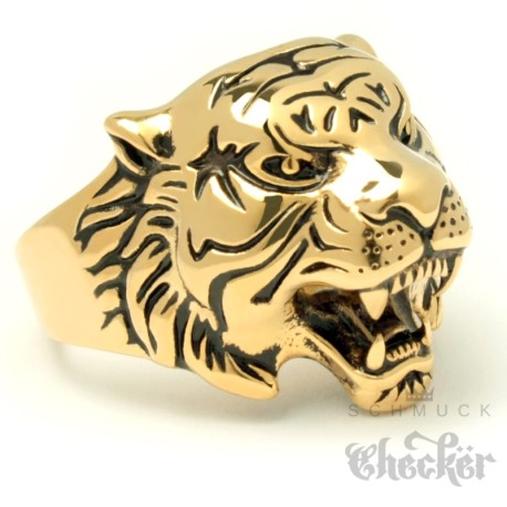 Tiger Ring aus Edelstahl vergoldet hochwertig detailliert Herren Männer Geschenk