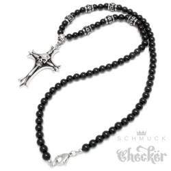 Onyx Perlen Halskette mit Totenkopf-Kreuz Anhänger aus Edelstahl schwarz Bead Mensbead Kette