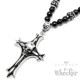 Onyx Perlen Halskette mit Totenkopf-Kreuz Anhänger aus Edelstahl schwarz Bead Mensbead Kette