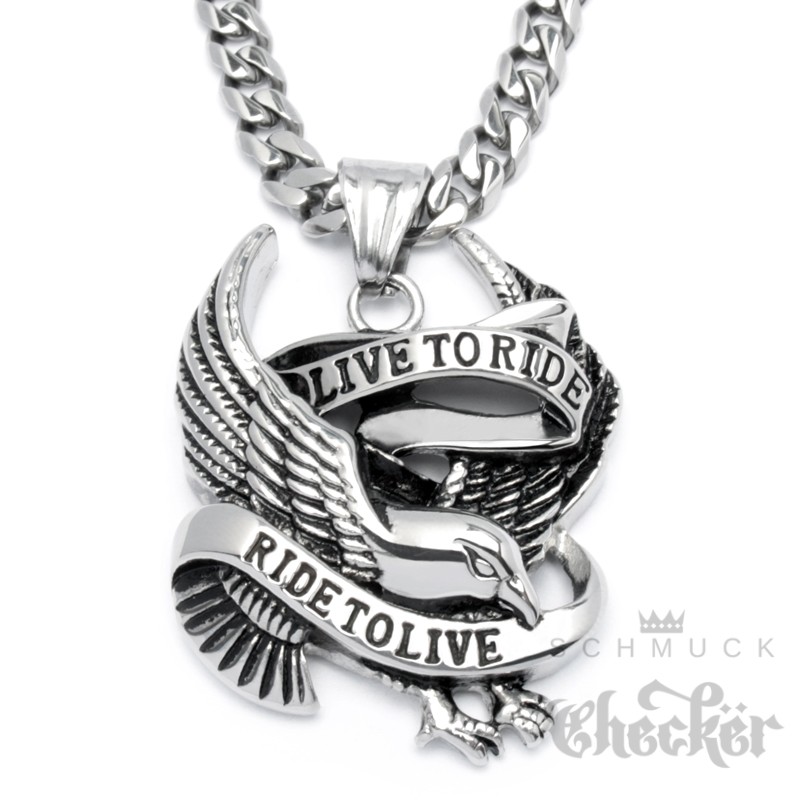 Stainless Steel "Live to Ride Ride to Live" Eagle Biker Pendant 