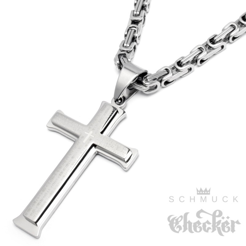 Kreuz aus Edelstahl mit Königskette in silber Anhänger moderne Herren  Halskette