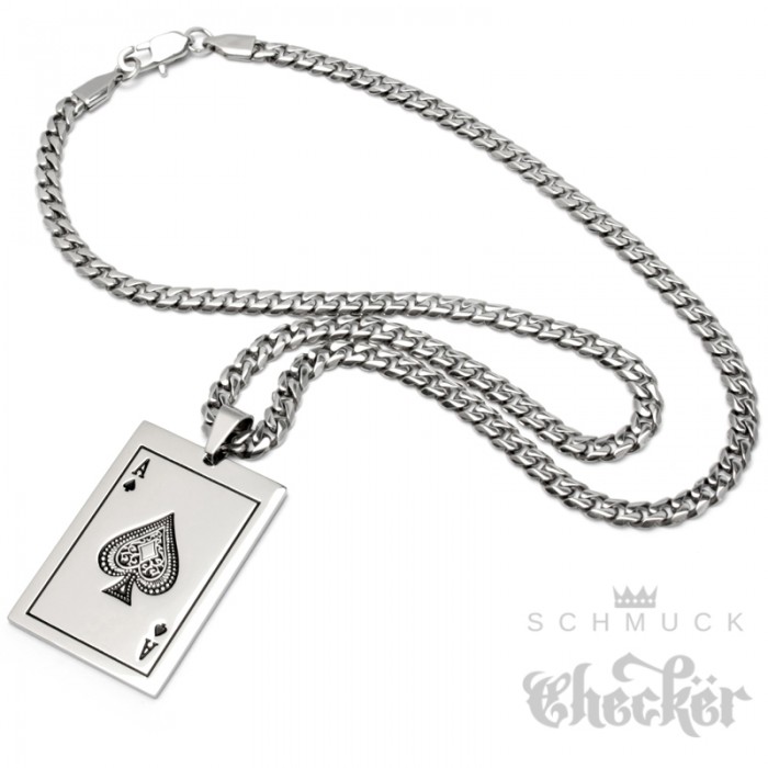 Edelstahl Pik Ass Anhänger 55 cm Kette Ass-Karte Poker schwarz Herren Halskette