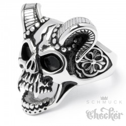 Devil Skull Ring aus Edelstahl Totenkopf mit Hörnern & Lilienkreuz Teufel Bikerring
