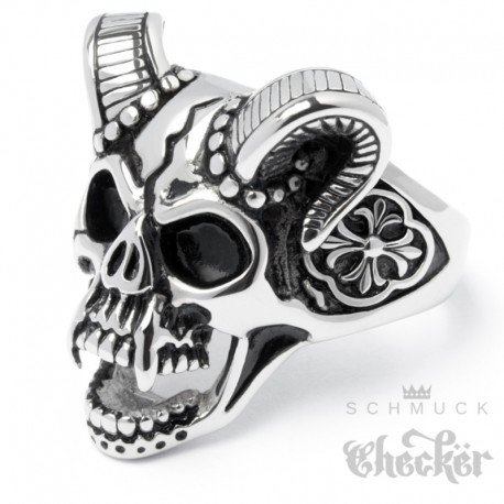 Devil Skull Ring aus Edelstahl Totenkopf mit Hörnern & Lilienkreuz Teufel Bikerring