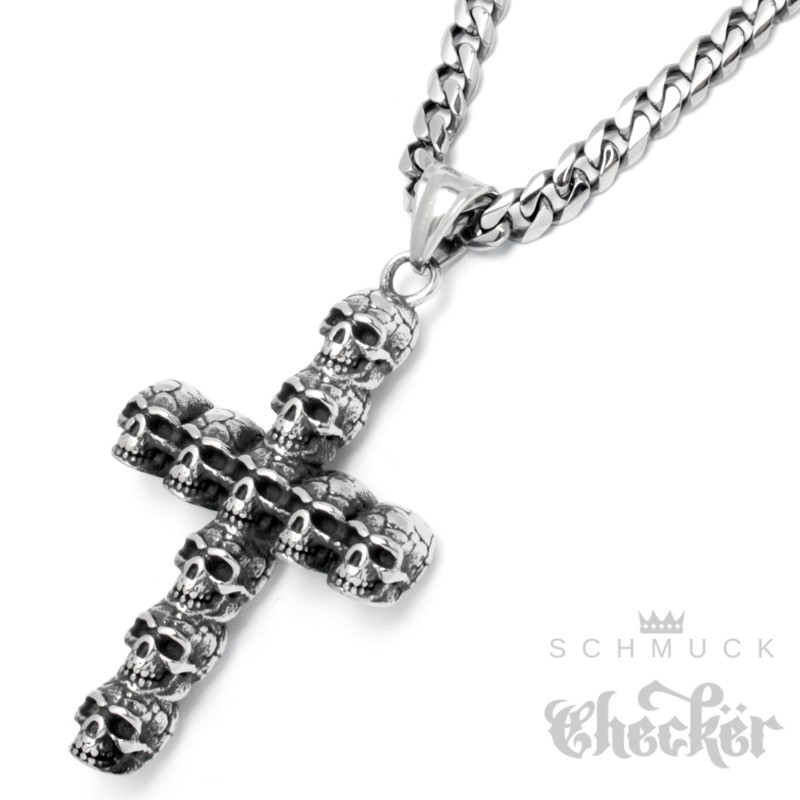 Knochenkreuz mit Totenkopf aus Edelstahl Bone Skull Cross Bikerschmuck  Halskette
