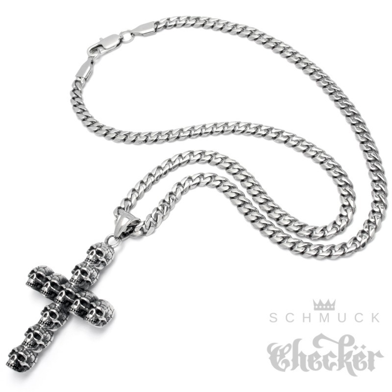 Anhänger massivem Edelstahl silber aus Kreuz mit Skull Cross Totenkopf Halskette
