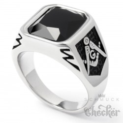 Freimaurer Ring mit Onyx Stein schwarz silber 316L Edelstahl Geheimbund Siegelring