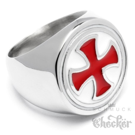 Schlichter Kreuzritter Ring aus Edelstahl mit rotem Tatzenkreuz Templer-Zeichen