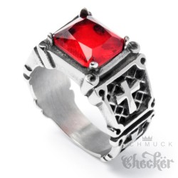 Ring mit 4 Kreuzen und großem roten Stein Templer Ring 316L Edelstahl silber