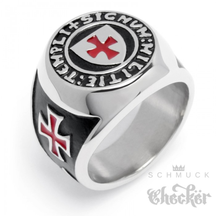 Schmuck-Checker Hochwertiger Templer-Ring aus 316L Edelstahl Templerorden Siegelring mit rotem Kreuz Tatzenkreuz 