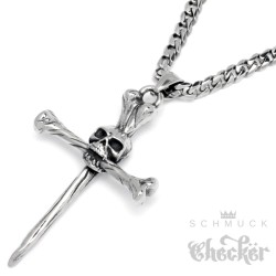 Knochenkreuz mit Totenkopf aus Edelstahl Bone Skull Cross Bikerschmuck Halskette