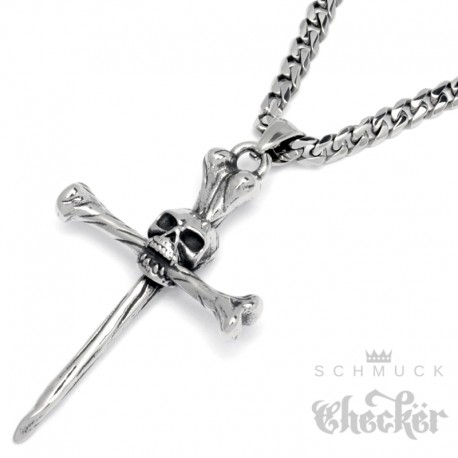 Knochen-Kreuz mit Totenkopf Schädel Skull Cross Ketten-Anhänger Biker Halskette