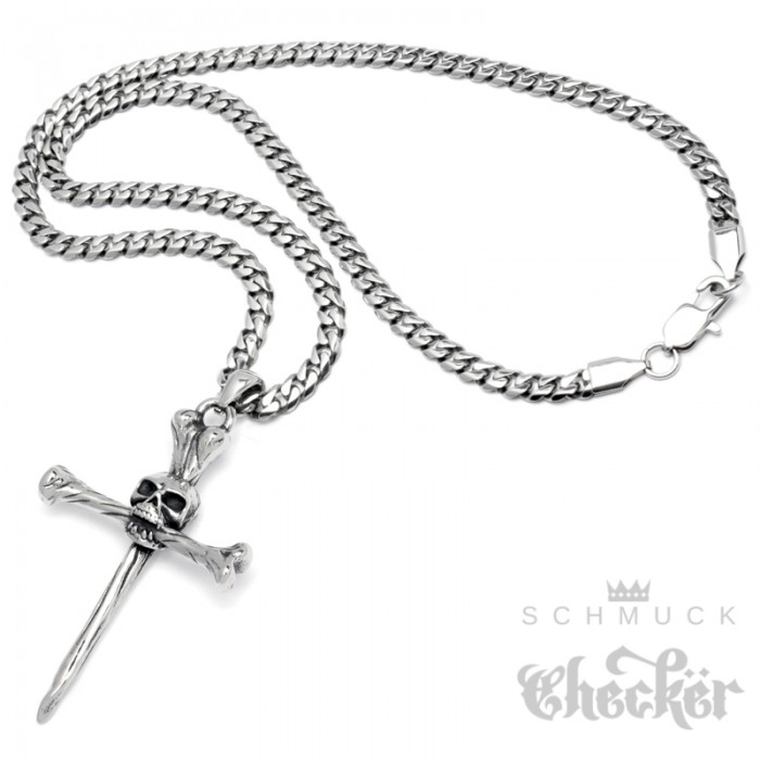 Knochen-Kreuz mit Totenkopf Schädel Skull Cross Ketten-Anhänger Biker Halskette