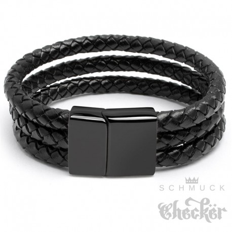 Branets Schwarzes Echtleder Armband Seil für Herren Armband Edelstahl Trigger-Verschluss Armband für Herren und Jungen