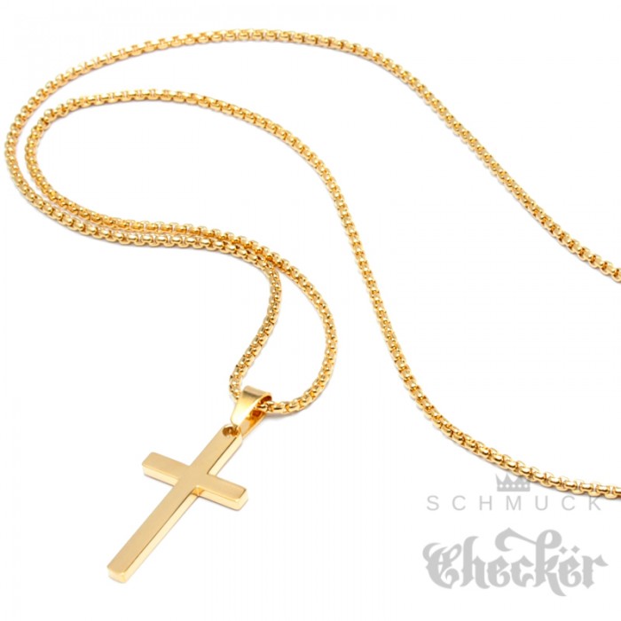 langs Verhoogd verzoek Kleines Kreuz aus Edelstahl gold schlicht Anhänger Herren Schmuck +  Halskette