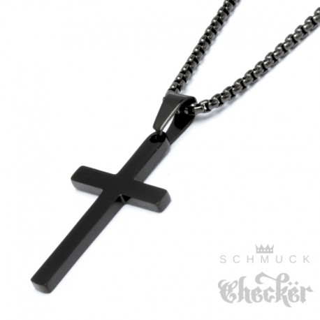 Kleines Kreuz aus Edelstahl schwarz schlicht Anhänger Herren Schmuck + Halskette
