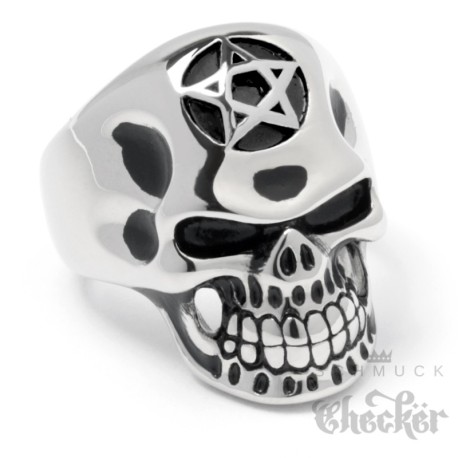 Totenkopf-Ring mit Pentagramm aus Edelstahl silber Bikerschmuck Männer Geschenk