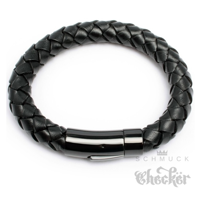 Schwarzes XL Lederarmband dickes Herren-Armband Ø Verschluss Edelstahl 10mm großes