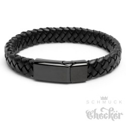 Breites schwarzes Herren-Armband aus echtem Leder geflochten Edelstahl Schließe
