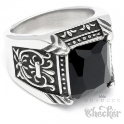 Verzierter Edelstahl-Ring mit Onyx Herren Ring silber schwarz mit Fleur de Lis