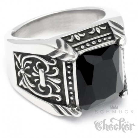 Verzierter Edelstahl-Ring mit Onyx Herren Ring silber schwarz mit Fleur de Lis