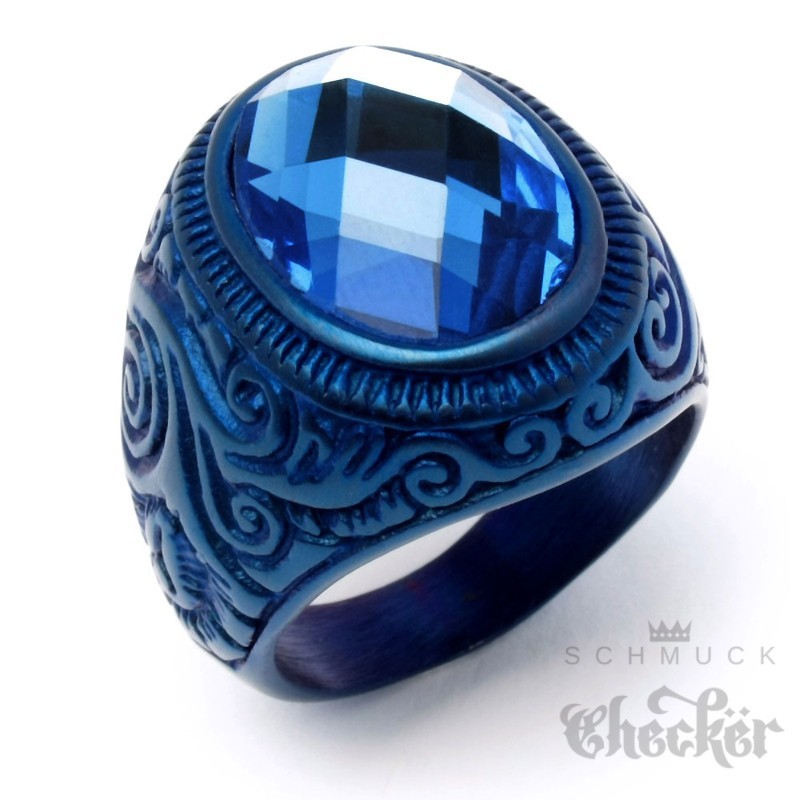Blauer Ring mit Stein Schmuck Edelstahl Herren floralem und Muster verziert Geschenk