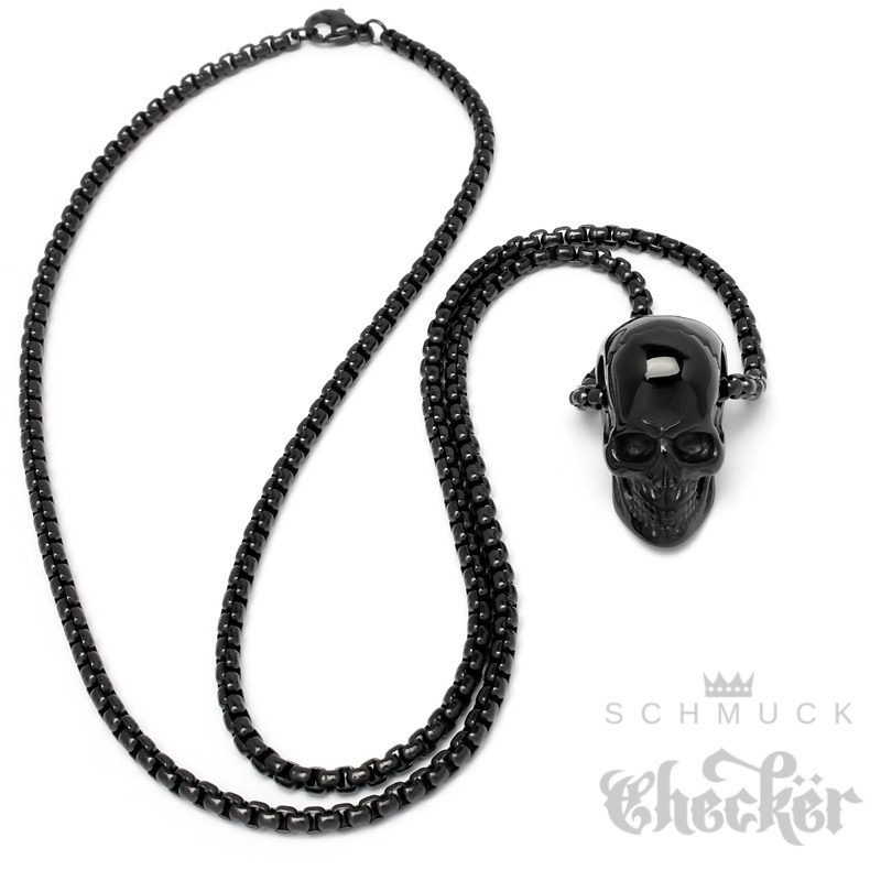 Schwarze Skull Halskette aus Edelstahl Totenkopf-Anhänger Männer Biker  Geschenk