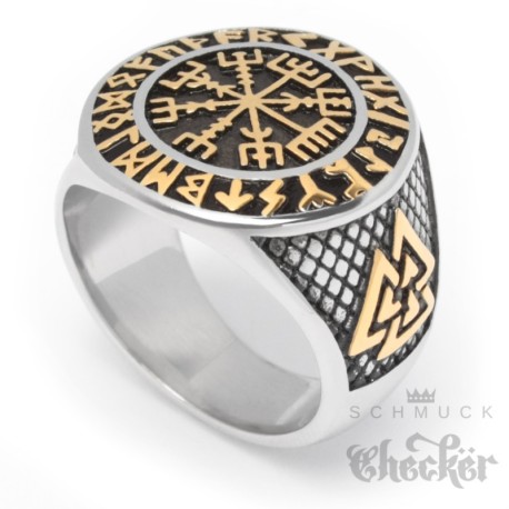 Wikinger-Ring mit Vegvisir, Valknut und Schutzrunen silber & gold aus Edelstahl