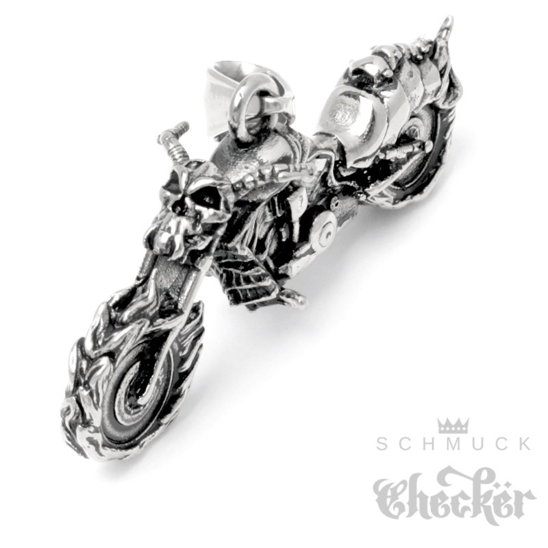 Totenkopf Teufel Bike Hell mit Edelstahl Ketten- Flammen Hörner Anhänger Motorrad