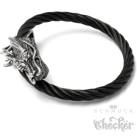 Drachen Armreif für Herren flexibles Stahlseil Armband silber schwarz Bikerschmuck